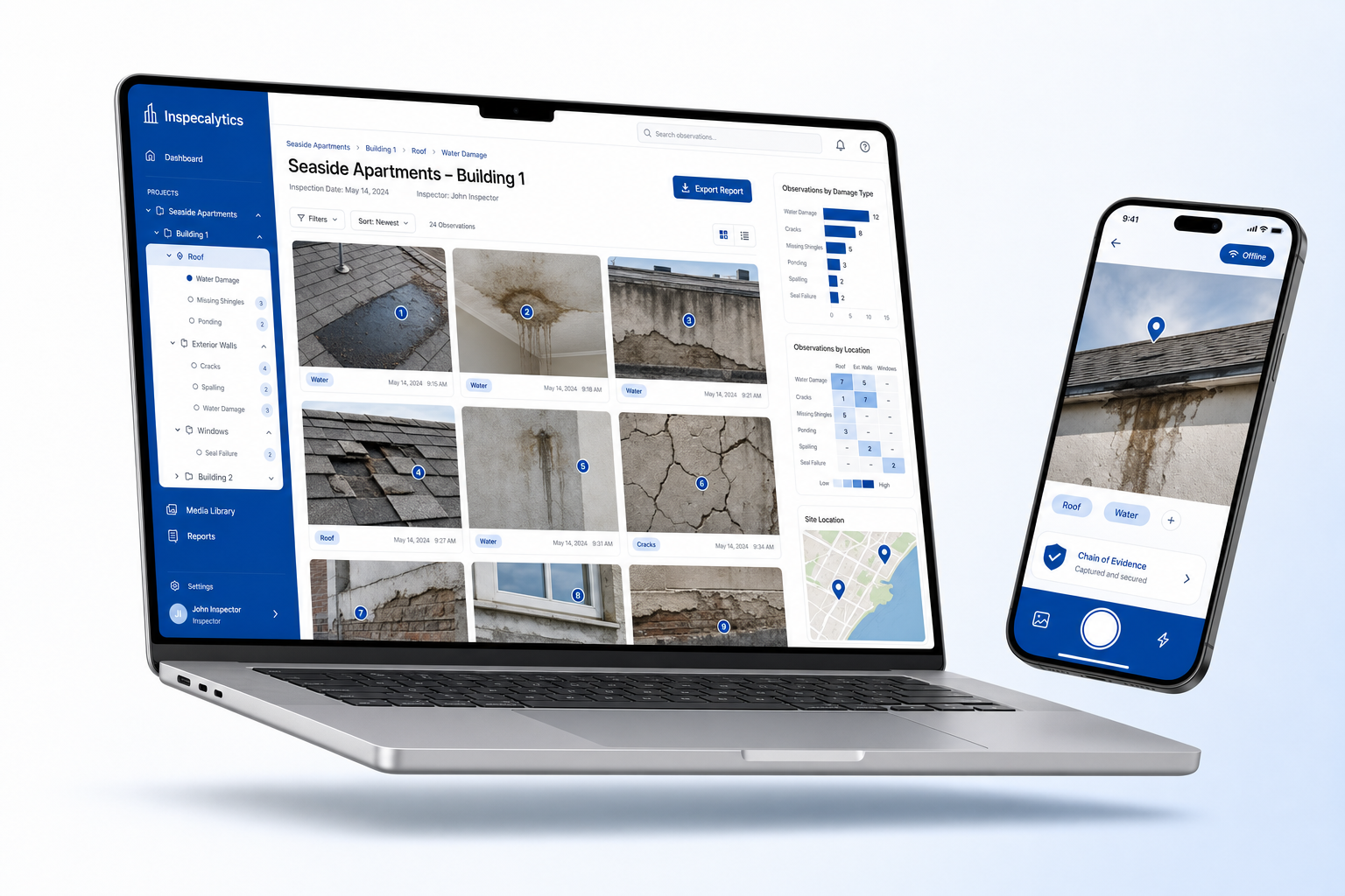 Inspecalytics app on laptop and phone — annotated damage photos, auto-organized folders, observation analytics, site map, and offline field capture with chain of evidence